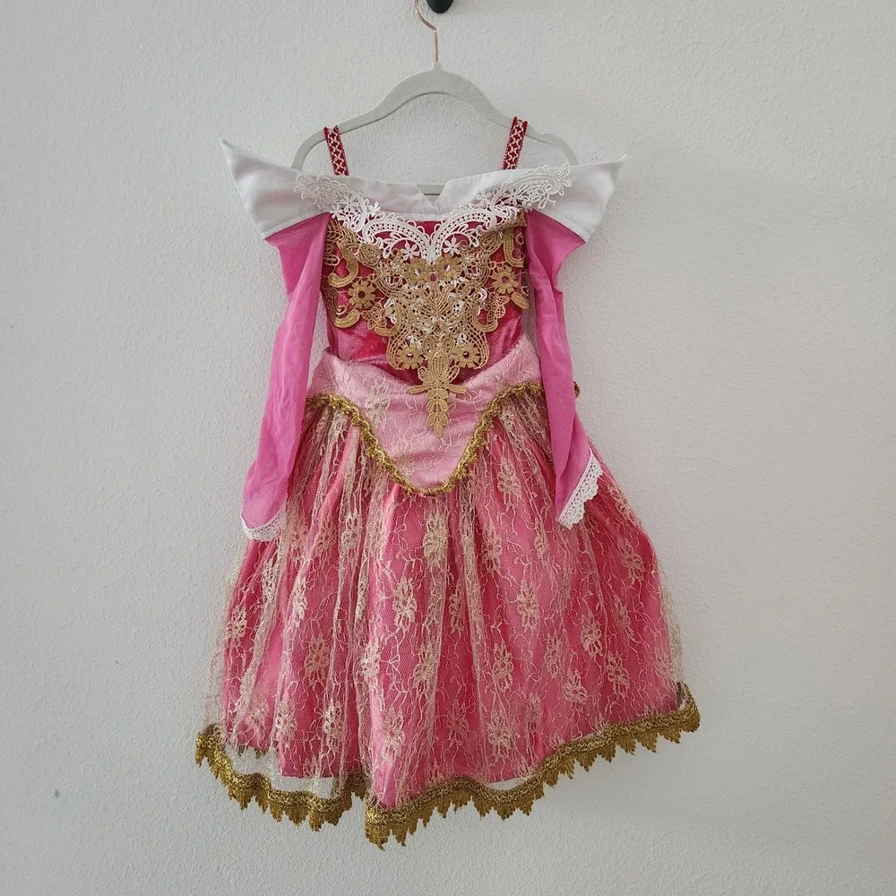 3T Kids Pink Gold Lace Princess Gown Costume Dress Long Sleeve size 100